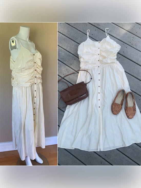 Future Collective Dresses & Skirts - Future Collective Cream Button Up Spaghetti Strap Midi Dress w Ruched Detailing